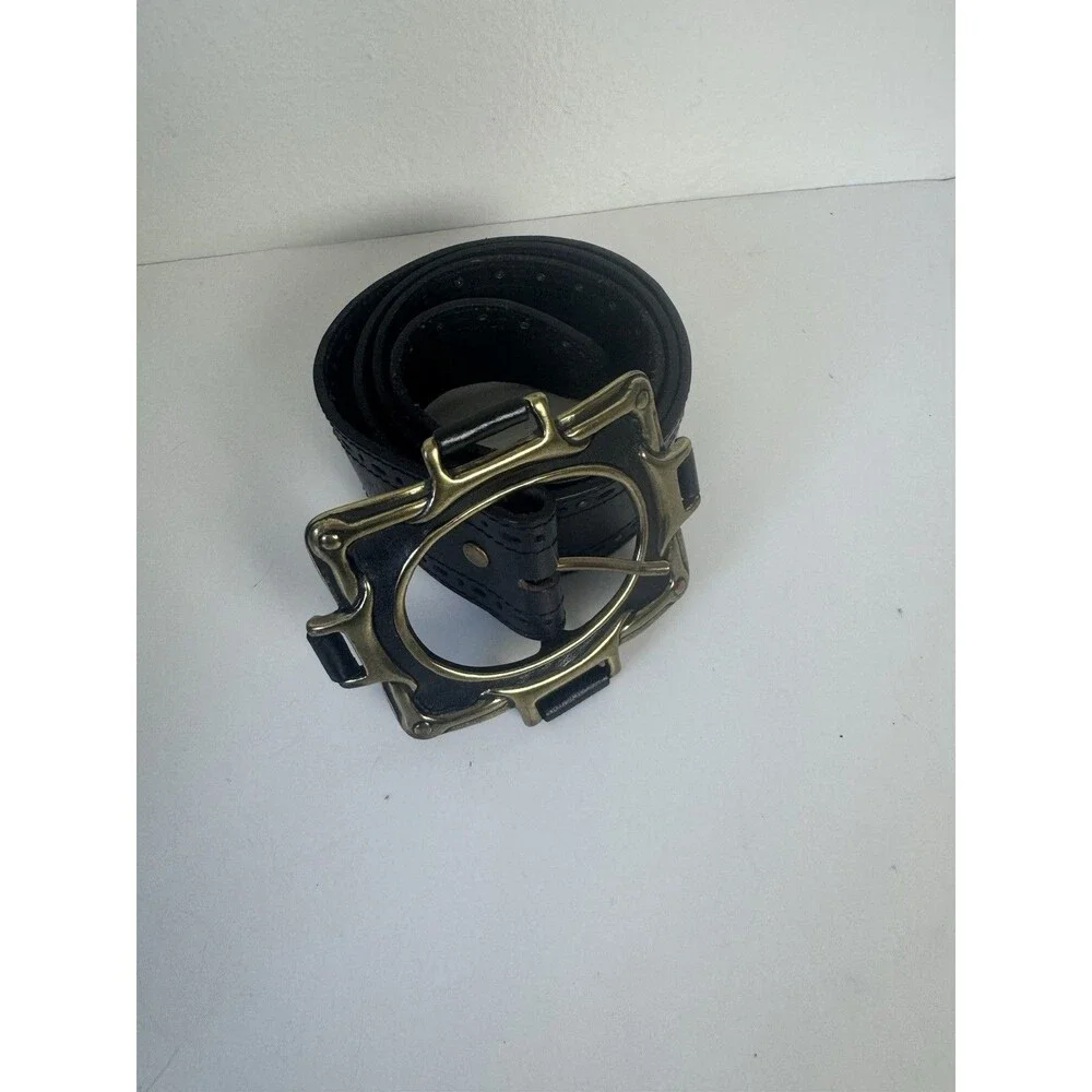 Vintage Black Leather Wide Belt Brass Tone Statement Buckle Boho Western Style